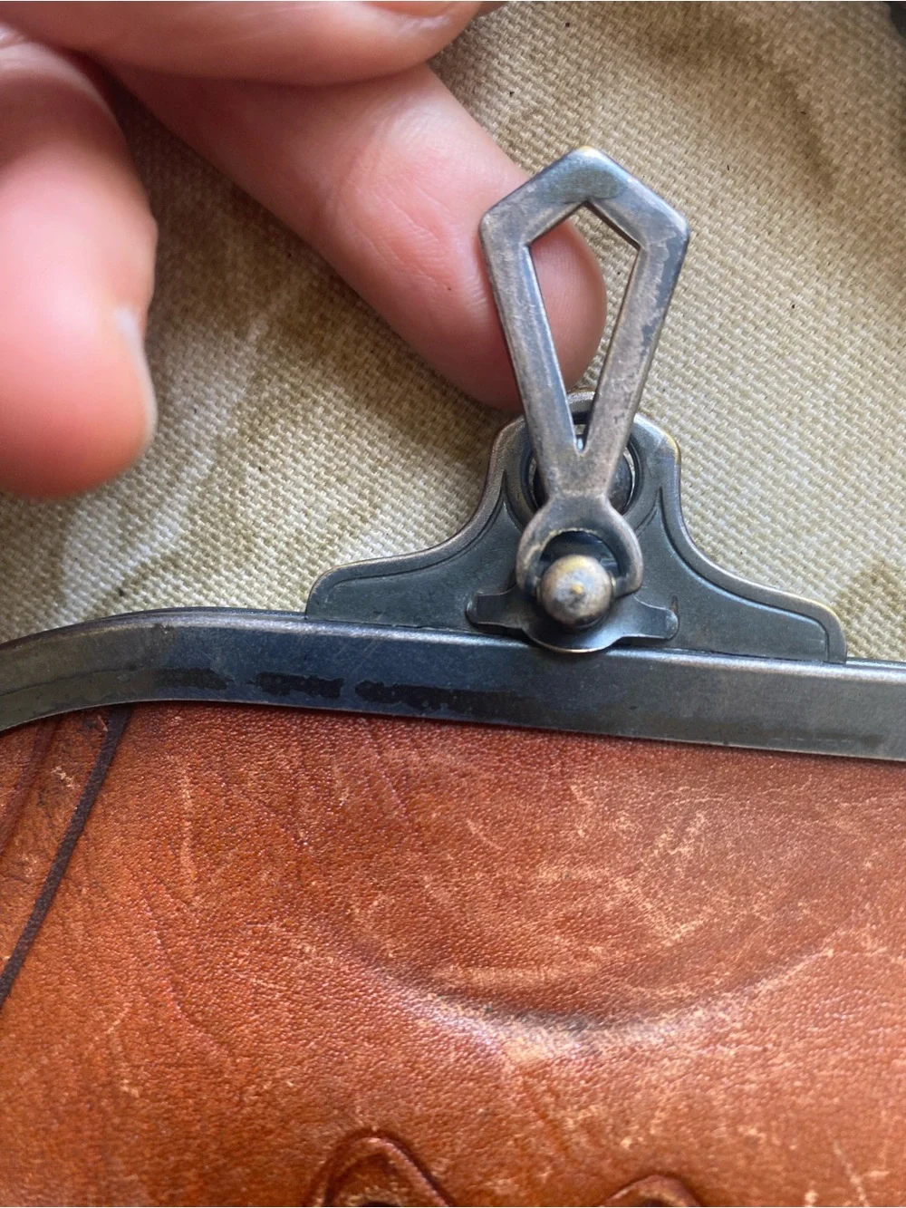 Arts & Crafts Brown Leather Handbag w/ Whipstitch Stitching  & Turnloc Clasp